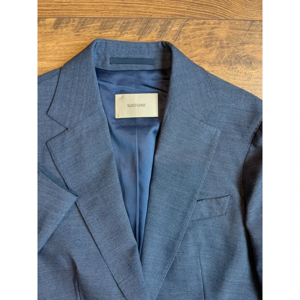 NWOT SUISTUDIO Women's Blue Wool Suit Set Blazer‎ 32R Pants 24x29 READ
